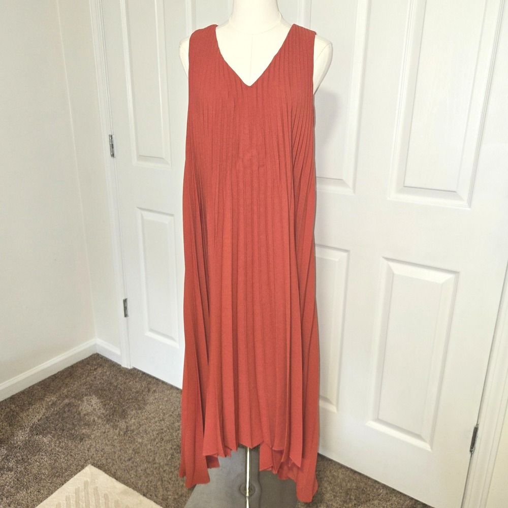 J. Jill Wearever Maxi Dress Womens S Rust Orange Pleated Handkerchief Hem V-Neck